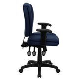 Mid-Back Navy Blue Fabric Multifunction Swivel Ergonomic Task Office Chair with Pillow Top Cushioning and Arms