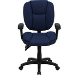 Mid-Back Navy Blue Fabric Multifunction Swivel Ergonomic Task Office Chair with Pillow Top Cushioning and Arms