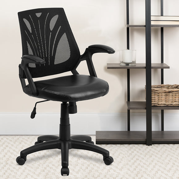 Mid-Back Designer Black Mesh Swivel Task Office Chair with LeatherSoft Seat and Open Arms by Office Chairs PLUS