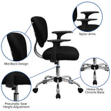 Mid-Back Black Mesh Padded Swivel Task Office Chair with Chrome Base and Arms