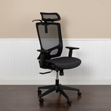 Ergonomic Mesh Office Chair with Synchro-Tilt, Pivot Adjustable Headrest, Lumbar Support, Coat Hanger and Adjustable Arms in Black H-2809-1KY-BK-GG