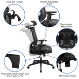 Ergonomic Mesh Office Chair with Synchro-Tilt, Pivot Adjustable Headrest, Lumbar Support, Coat Hanger and Adjustable Arms in Black 