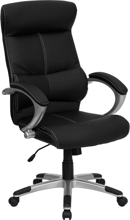 High Back Black LeatherSoft Executive Swivel Office Chair with Curved Headrest and White Line Stitching by Office Chairs PLUS