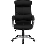 High Back Black LeatherSoft Executive Swivel Office Chair with Curved Headrest and White Line Stitching