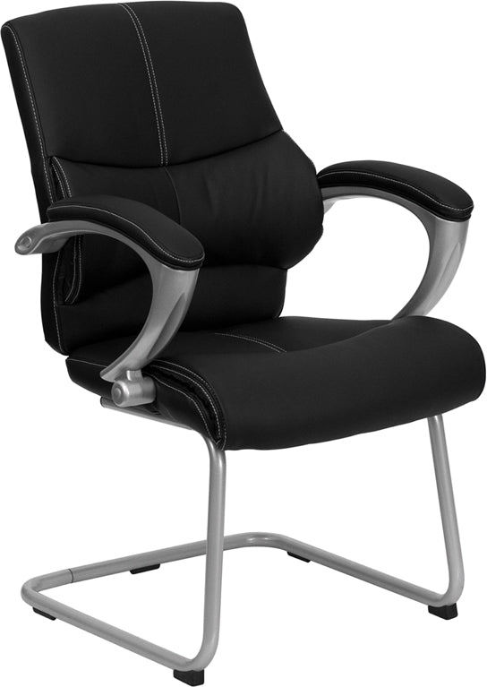 Black LeatherSoft Executive Side Reception Chair with Silver Sled Base H-9637L-3-SIDE-GG