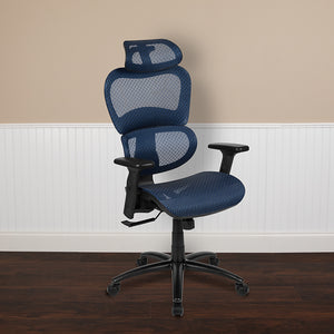 Ergonomic Mesh Office Chair with 2-to-1 Synchro-Tilt, Adjustable Headrest, Lumbar Support, and Adjustable Pivot Arms in Blue H-LC-1388F-1K-BL-GG