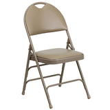 HERCULES Series Ultra-Premium Triple Braced Beige Vinyl Metal Folding Chair with Easy-Carry Handle