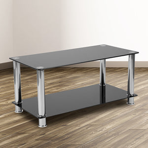 Riverside Collection Black Glass Coffee Table with Shelves and Stainless Steel Frame by Office Chairs PLUS