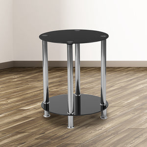 Riverside Collection Black Glass End Table with Shelves and Stainless Steel Frame by Office Chairs PLUS