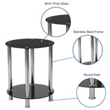 Riverside Collection Black Glass End Table with Shelves and Stainless Steel Frame