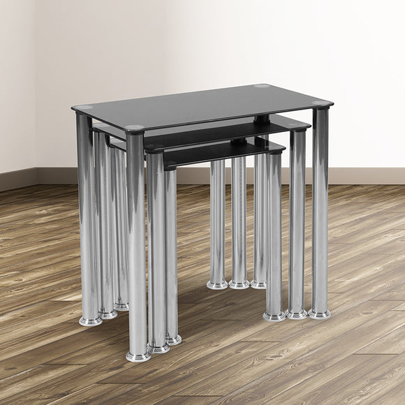 Riverside Collection Black Glass Nesting Tables with Stainless Steel Legs by Office Chairs PLUS