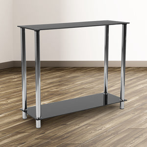 Riverside Collection Black Glass Console Table with Shelves and Stainless Steel Frame by Office Chairs PLUS