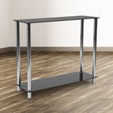 Riverside Collection Black Glass Console Table with Shelves and Stainless Steel Frame by Office Chairs PLUS