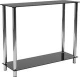 Riverside Collection Black Glass Console Table with Shelves and Stainless Steel Frame