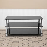 Riverside Collection Black Glass TV Stand with Stainless Steel Frame by Office Chairs PLUS