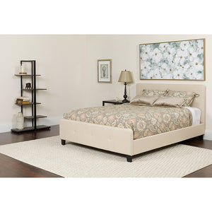 Tribeca Queen Size Tufted Upholstered Platform Bed in Beige Fabric with Pocket Spring Mattress by Office Chairs PLUS