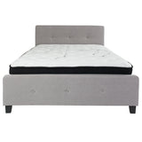 Tribeca Queen Size Tufted Upholstered Platform Bed in Light Gray Fabric with Pocket Spring Mattress