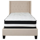 Riverdale Twin Size Tufted Upholstered Platform Bed in Beige Fabric with Pocket Spring Mattress