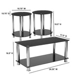 Riverside Collection 3 Piece Coffee and End Table Set with Black Glass Tops and Stainless Steel Frames