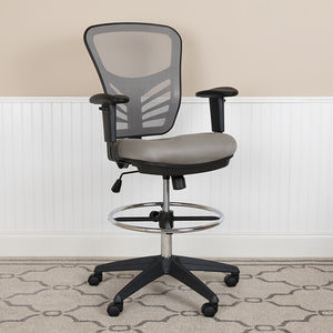 Mid-Back Light Gray Mesh Ergonomic Drafting Chair with Adjustable Chrome Foot Ring, Adjustable Arms and Black Frame by Office Chairs PLUS