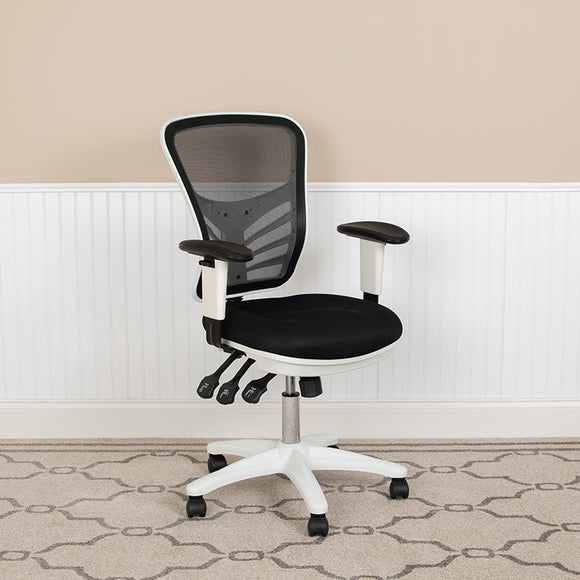 Mid-Back Black Mesh Multifunction Executive Swivel Ergonomic Office Chair with Adjustable Arms and White Frame by Office Chairs PLUS