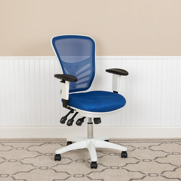 Mid-Back Blue Mesh Multifunction Executive Swivel Ergonomic Office Chair with Adjustable Arms and White Frame by Office Chairs PLUS