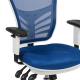 Mid-Back Blue Mesh Multifunction Executive Swivel Ergonomic Office Chair with Adjustable Arms and White Frame