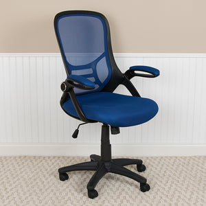 High Back Blue Mesh Ergonomic Swivel Office Chair with Black Frame and Flip-up Arms by Office Chairs PLUS