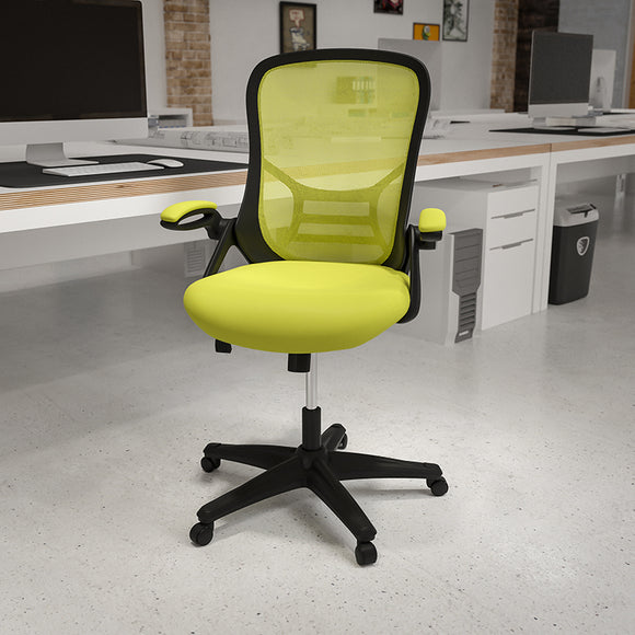 High Back Green Mesh Ergonomic Swivel Office Chair with Black Frame and Flip-up Arms by Office Chairs PLUS
