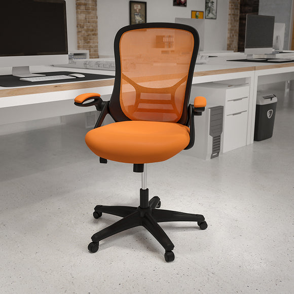High Back Orange Mesh Ergonomic Swivel Office Chair with Black Frame and Flip-up Arms by Office Chairs PLUS