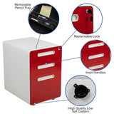 Ergonomic 3-Drawer Mobile Locking Filing Cabinet with Anti-Tilt Mechanism & Letter/Legal Drawer, White with Red Faceplate