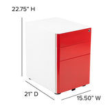 Modern 3-Drawer Mobile Locking Filing Cabinet with Anti-Tilt Mechanism & Letter/Legal Drawer, White with Red Faceplate