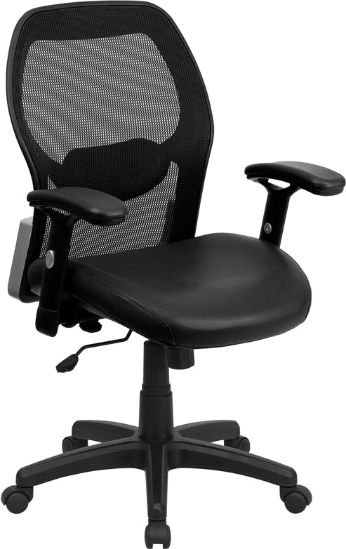 Mid-Back Black Super Mesh Executive Swivel Office Chair with LeatherSoft Seat and Adjustable Lumbar & Arms by Office Chairs PLUS