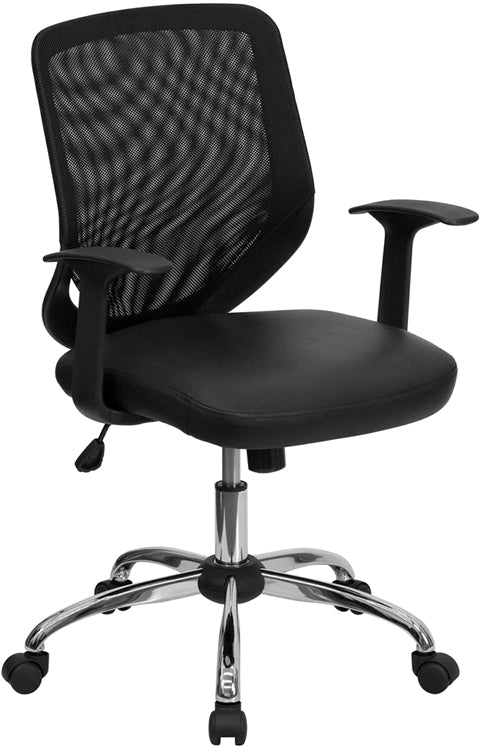 Mid-Back Black Mesh Tapered Back Swivel Task Office Chair with LeatherSoft Seat, Chrome Base and T-Arms by Office Chairs PLUS