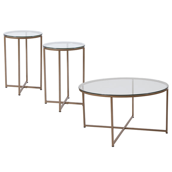 Greenwich Collection 3 Piece Coffee and End Table Set with Glass Tops and Matte Gold Frames by Office Chairs PLUS