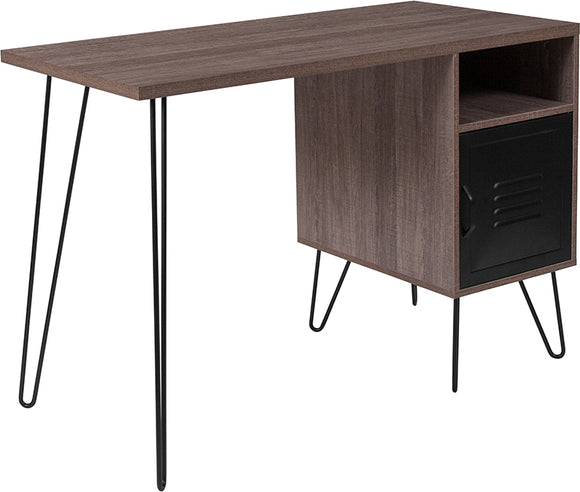 Woodridge Collection Rustic Wood Grain Finish Computer Desk with Metal Cabinet Door and Black Metal Legs by Office Chairs PLUS