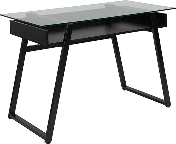 Huntley Glass Computer Desk with Shelf and Black Metal Legs by Office Chairs PLUS