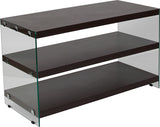Wynwood Collection Dark Ash Wood Grain Finish TV Stand with Shelves and Glass Frame