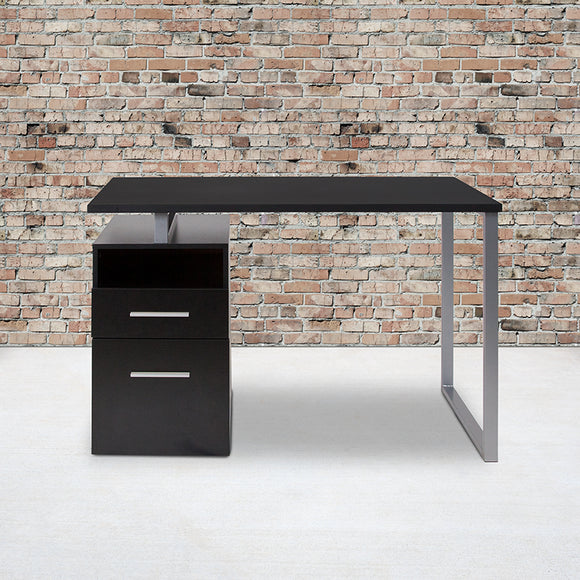 Harwood Dark Ash Wood Grain Finish Computer Desk with Two Drawers and Silver Metal Frame by Office Chairs PLUS