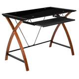 Computer Desk with Pull-Out Keyboard Tray - Black Glass Top Desk with Crisscross Frame