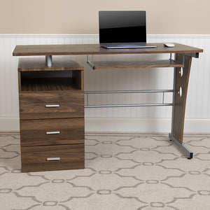 Rustic Walnut Desk with Three Drawer Pedestal and Pull-Out Keyboard Tray by Office Chairs PLUS