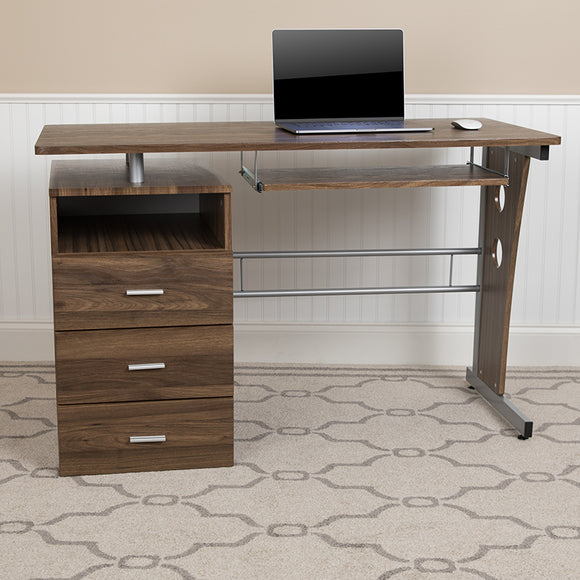 Rustic Walnut Desk with Three Drawer Pedestal and Pull-Out Keyboard Tray by Office Chairs PLUS