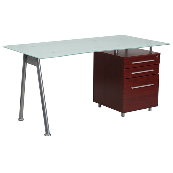 Glass Computer Desk with Mahogany Three Drawer Pedestal by Office Chairs PLUS