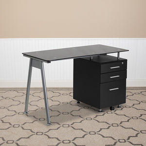 Black Glass Computer Desk with Three Drawer Pedestal by Office Chairs PLUS