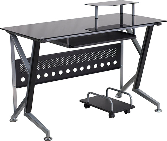 Black Glass Computer Desk with Pull-Out Keyboard Tray and CPU Cart by Office Chairs PLUS
