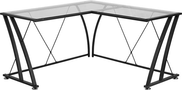 Glass L-Shape Computer Desk with Black Metal Frame by Office Chairs PLUS