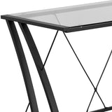 Glass L-Shape Computer Desk with Black Metal Frame
