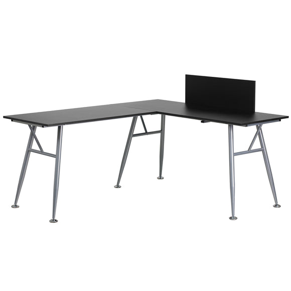 Black Laminate L-Shape Computer Desk with Silver Metal Frame by Office Chairs PLUS