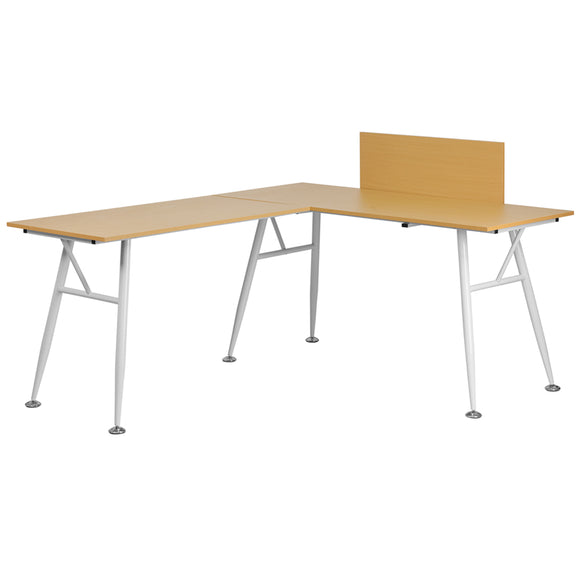 Beech Laminate L-Shape Computer Desk with White Metal Frame by Office Chairs PLUS