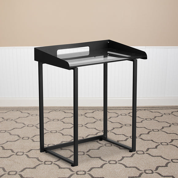 Contemporary Clear Tempered Glass Desk with Raised Cable Management Border and Black Metal Frame by Office Chairs PLUS